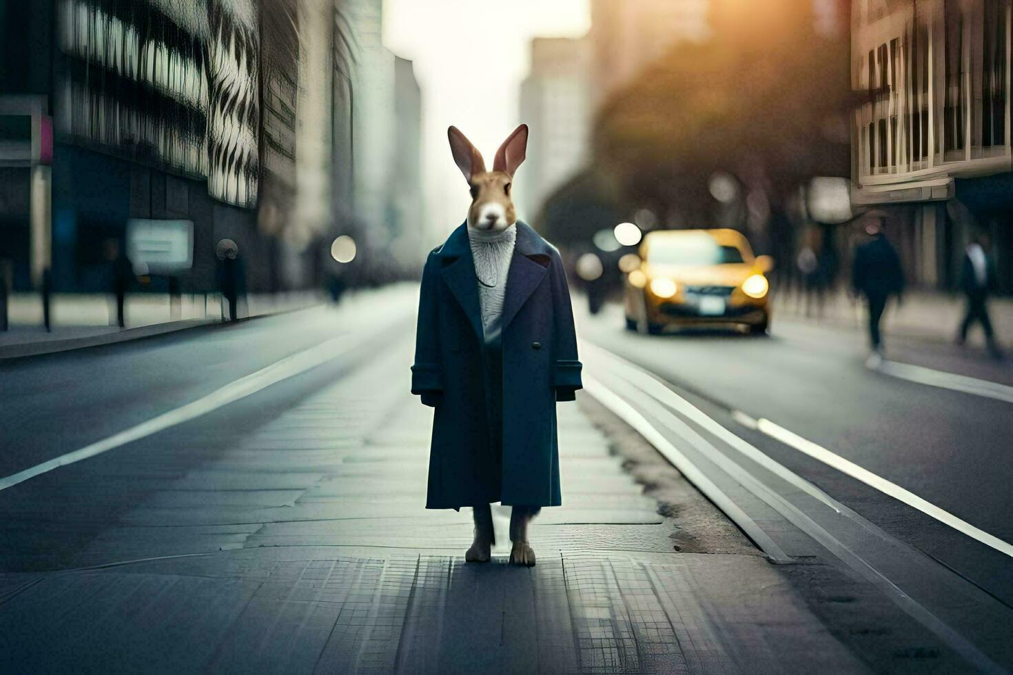 une lapin portant une manteau et permanent sur le rue. généré par ai photo