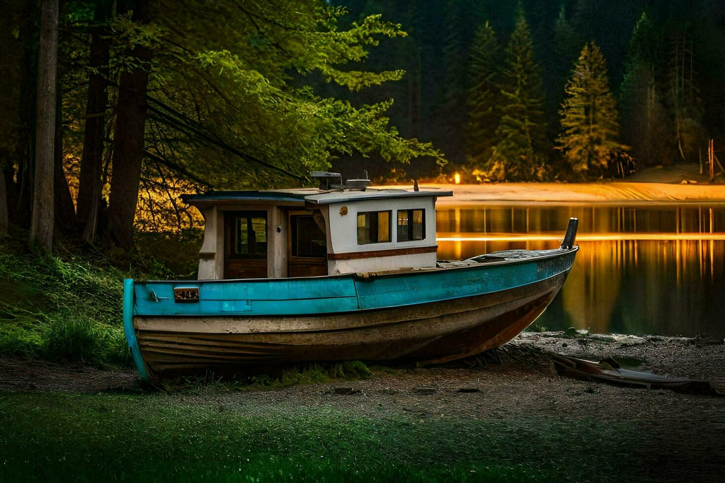 une bateau est assis sur le rive de une Lac à nuit. généré par ai photo