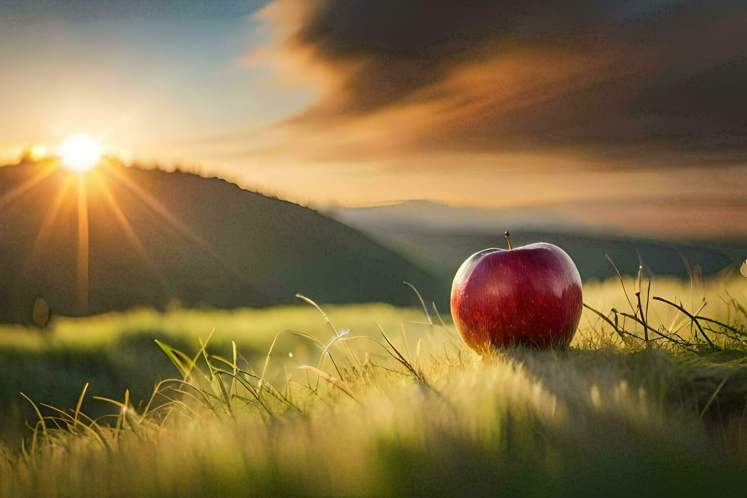 un Pomme est assis dans une champ avec le Soleil réglage derrière il. généré par ai photo