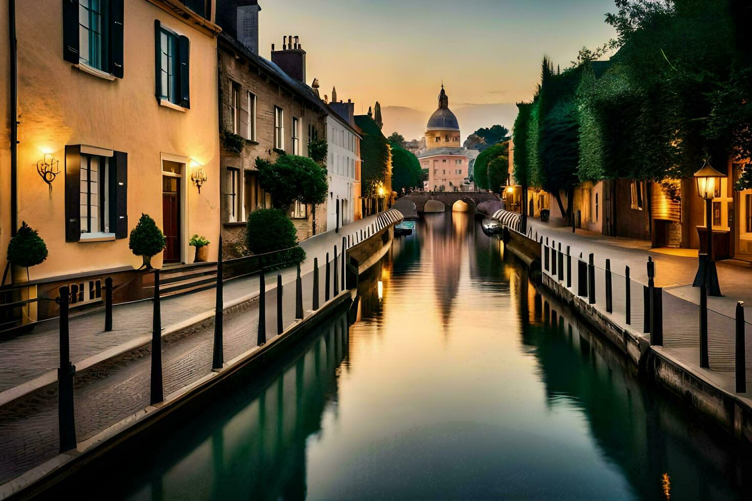 une canal dans le milieu de une ville à le coucher du soleil. généré par ai photo