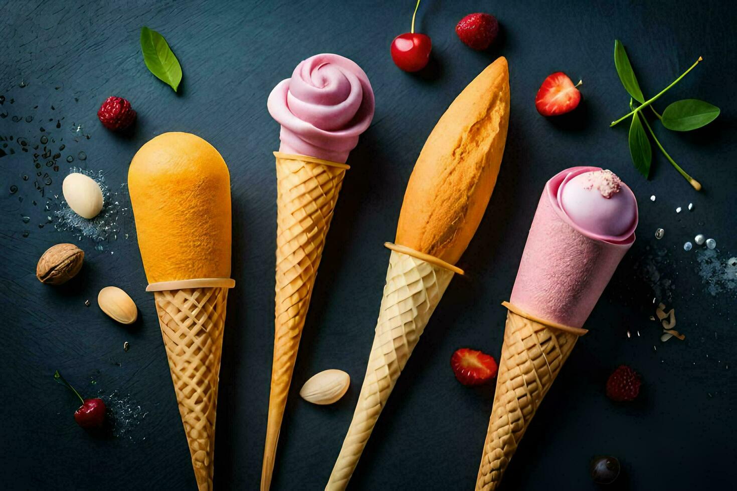 différent la glace crème les saveurs dans cônes sur une foncé Contexte. généré par ai photo