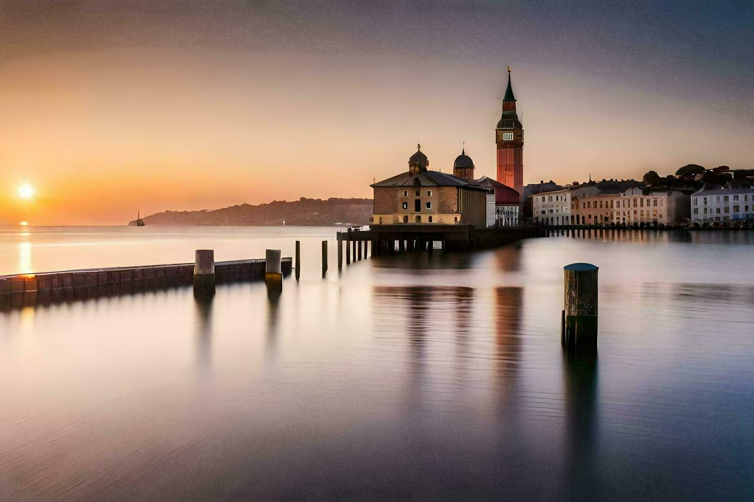 une longue exposition photographier de une l'horloge la tour dans le l'eau. généré par ai photo