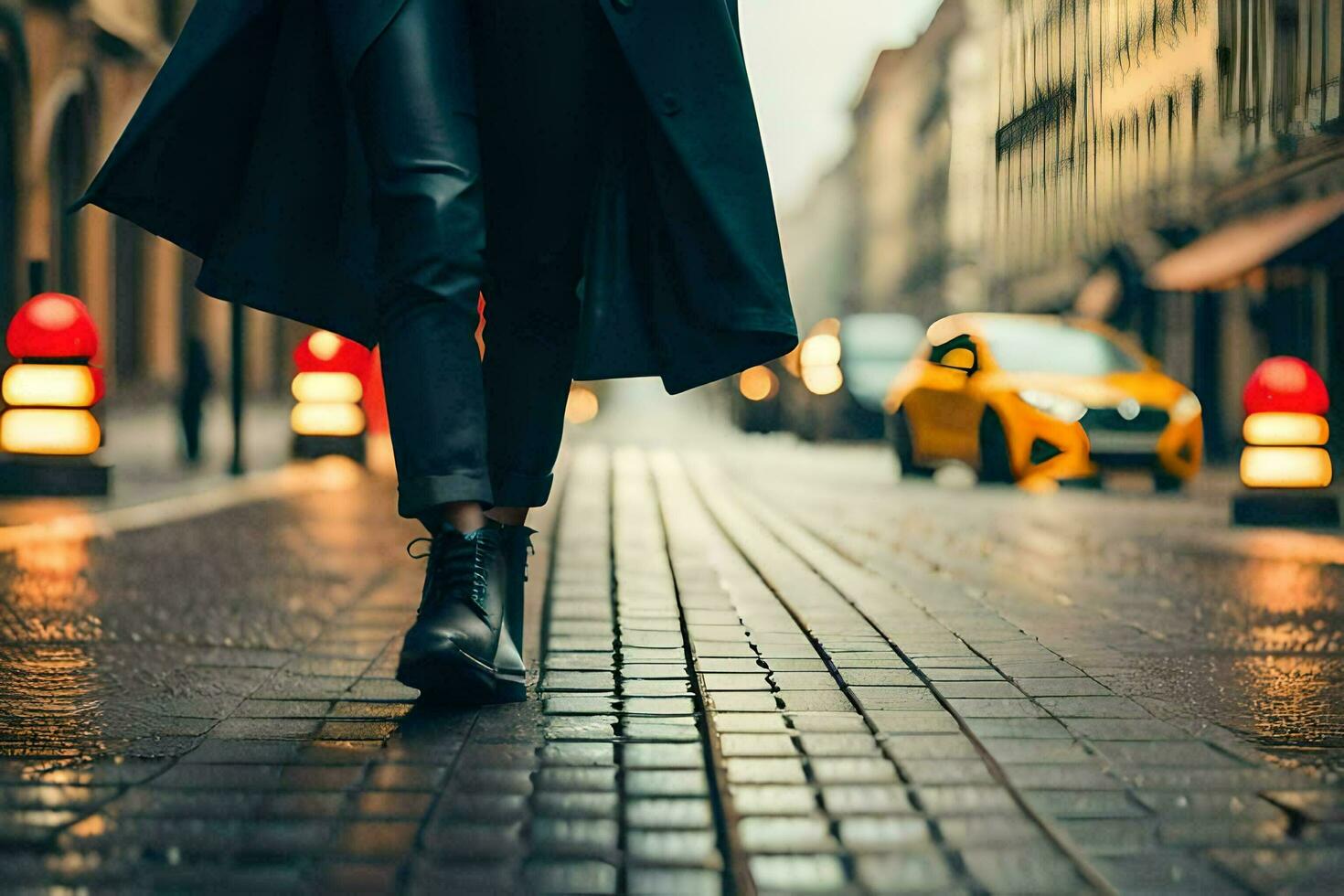 une femme en marchant vers le bas une rue dans le pluie. généré par ai photo