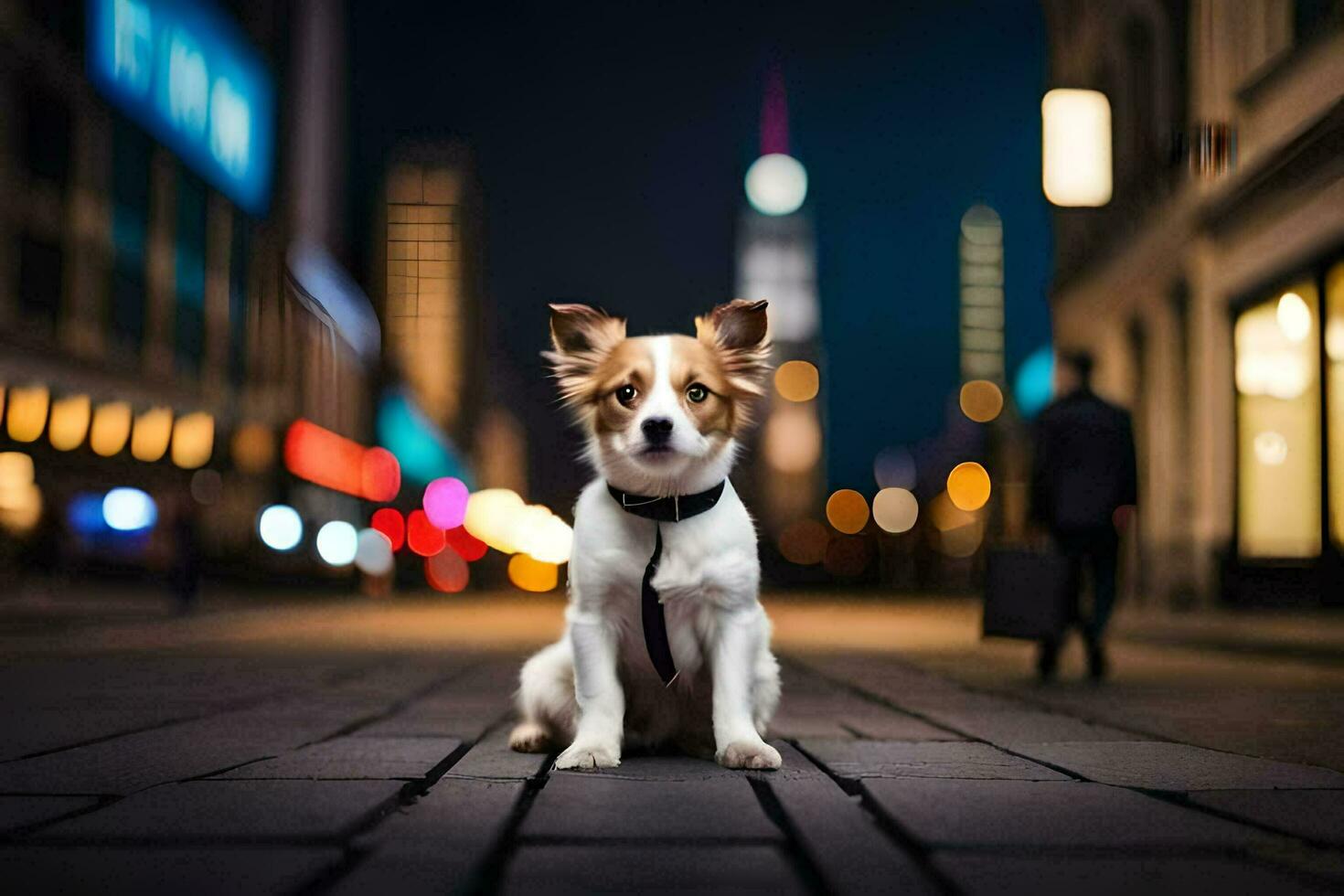 une chien séance sur le rue à nuit. généré par ai photo