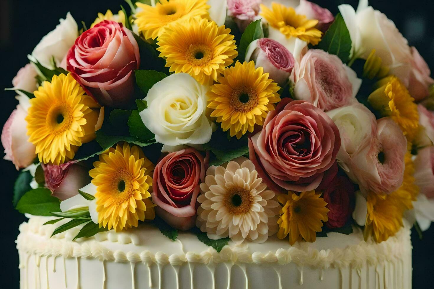 une blanc gâteau avec Jaune et rose fleurs sur Haut. généré par ai photo