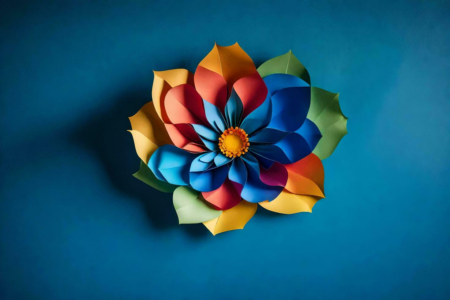 une coloré papier fleur sur une bleu mur. généré par ai photo