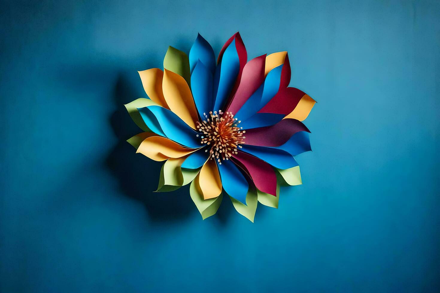 une coloré papier fleur sur une bleu mur. généré par ai photo