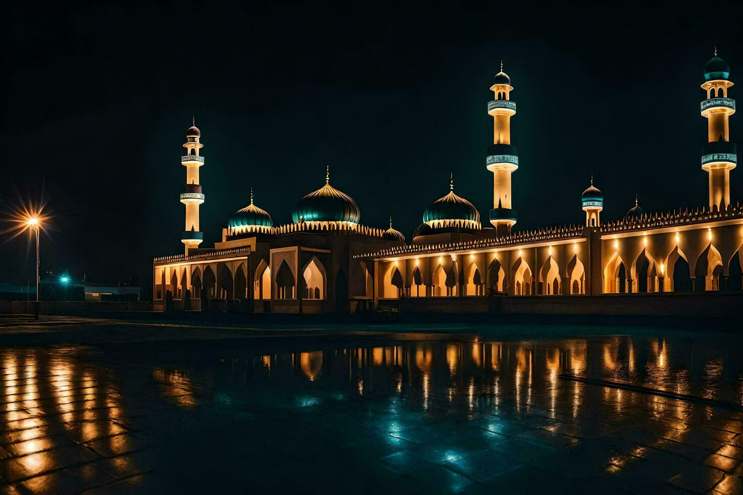 le mosquée à nuit avec ses lumières sur. généré par ai photo