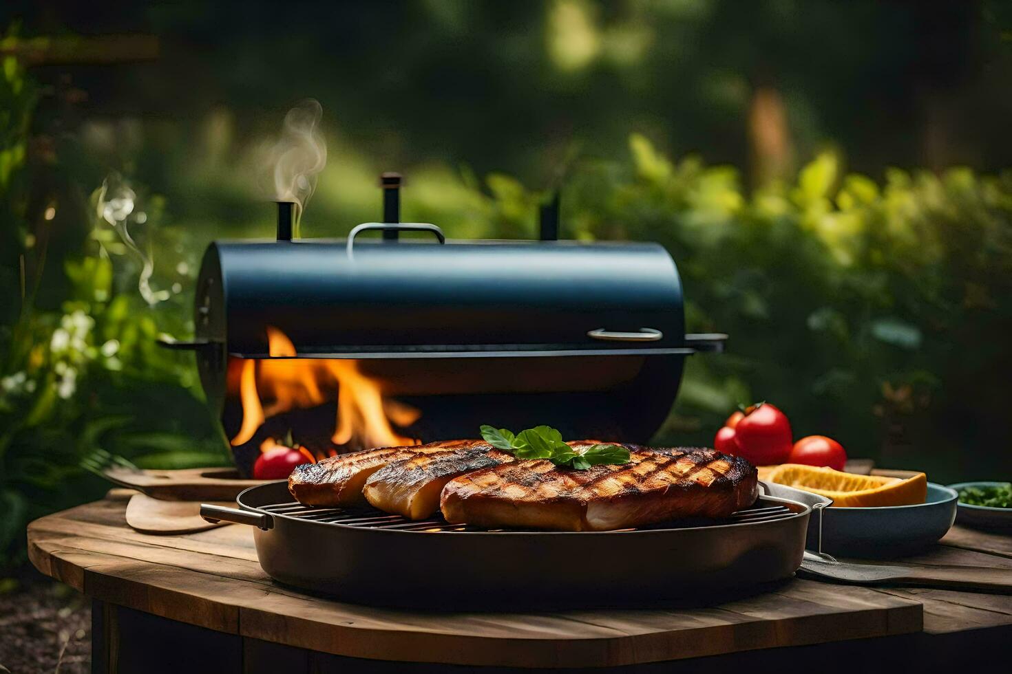 grillage steak sur une gril avec une Feu. généré par ai photo