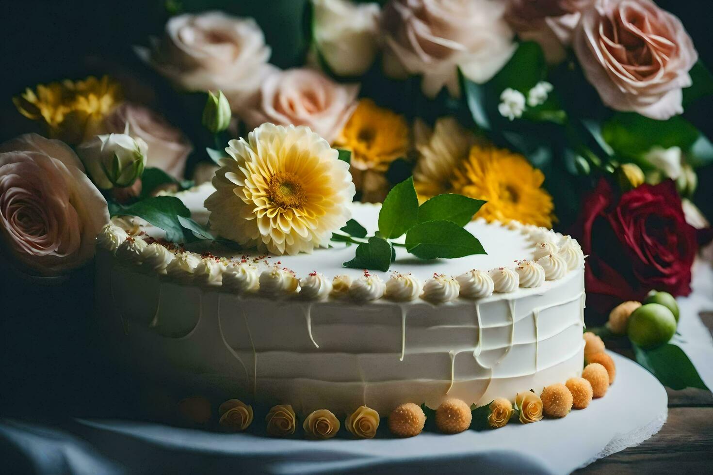 une blanc gâteau avec fleurs sur Haut. généré par ai photo