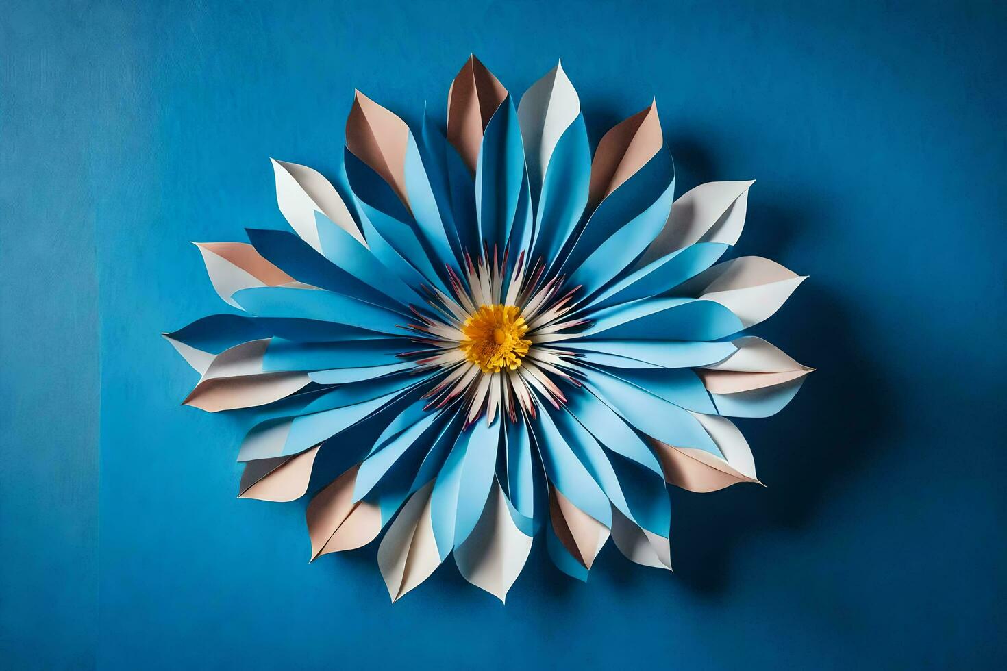 une bleu et blanc papier fleur sur une bleu mur. généré par ai photo