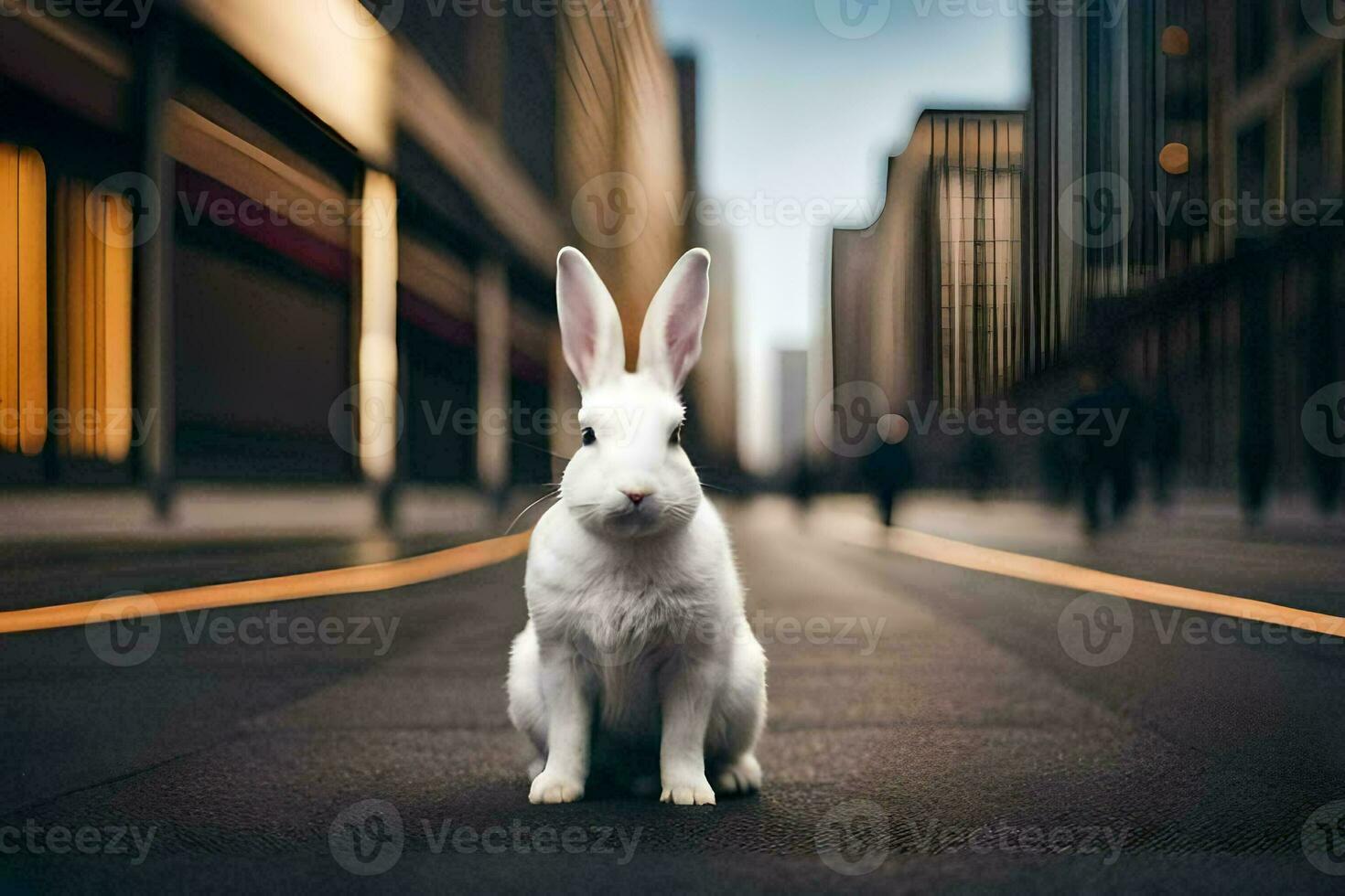 une blanc lapin est séance sur le rue dans une ville. généré par ai photo