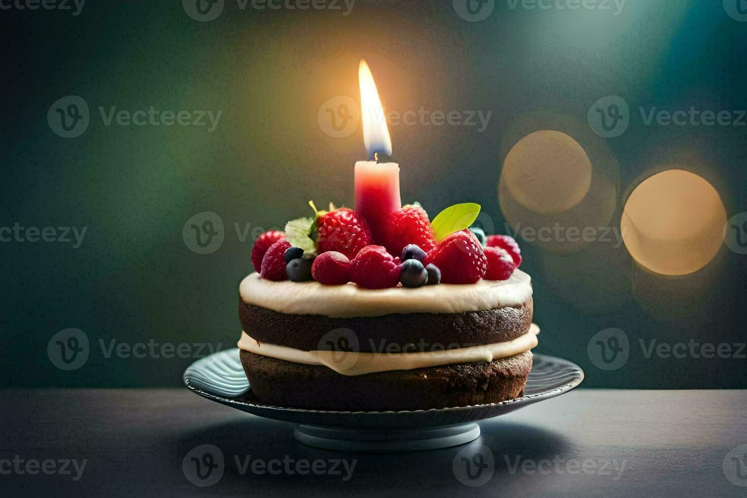 une anniversaire gâteau avec une allumé bougie. généré par ai photo