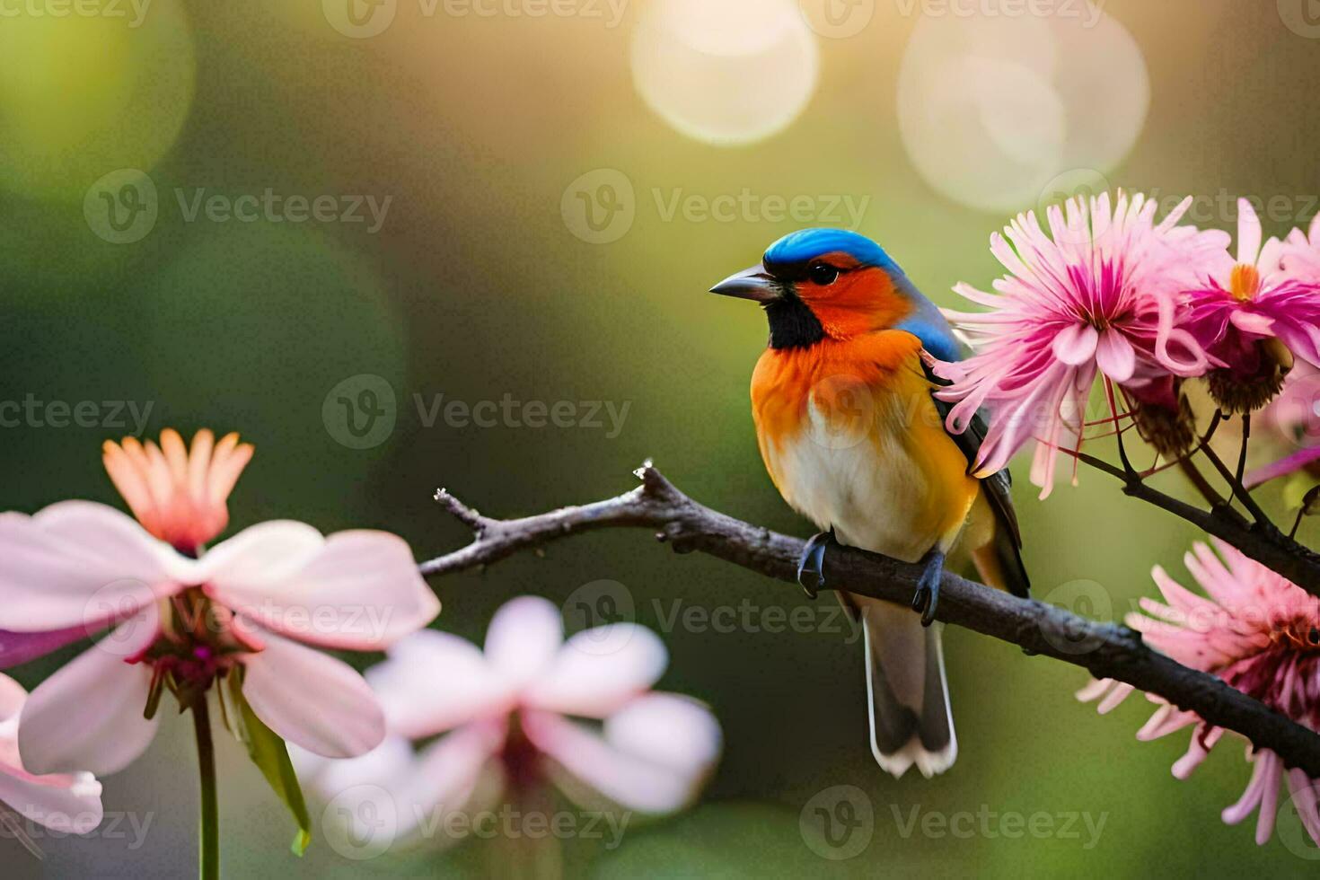 une coloré oiseau est assis sur une branche avec rose fleurs. généré par ai photo