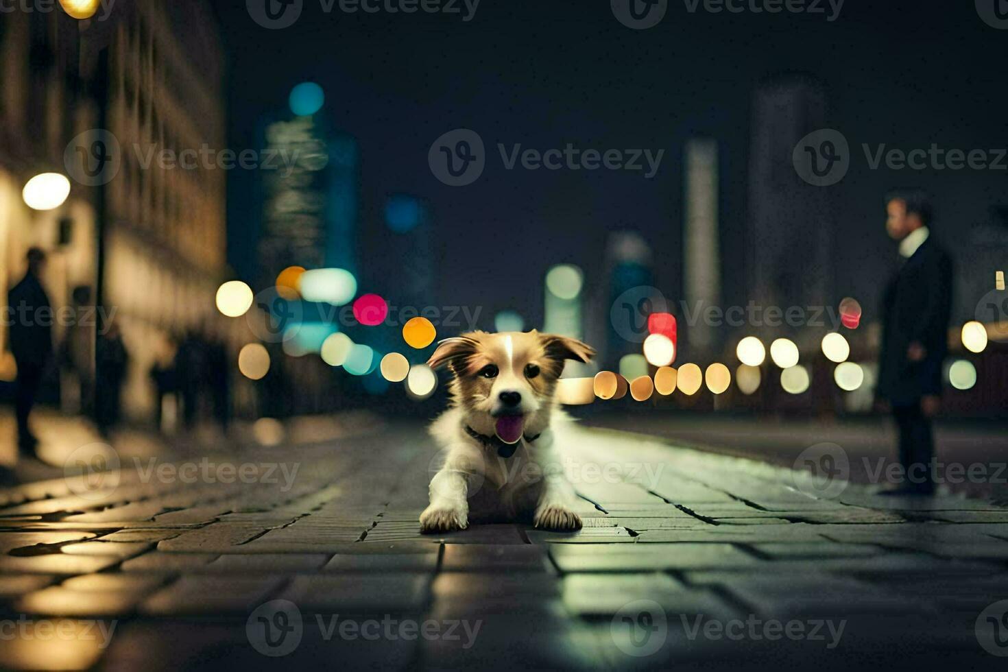 une chien séance sur le rue à nuit. généré par ai photo