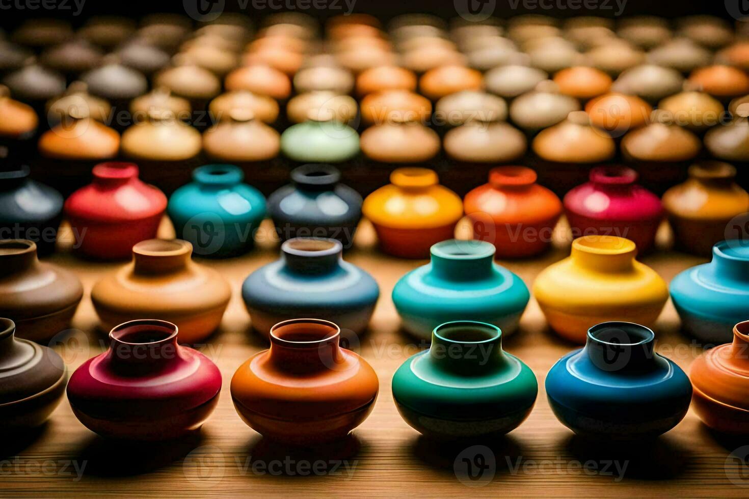 une rangée de coloré des vases sur une tableau. généré par ai photo