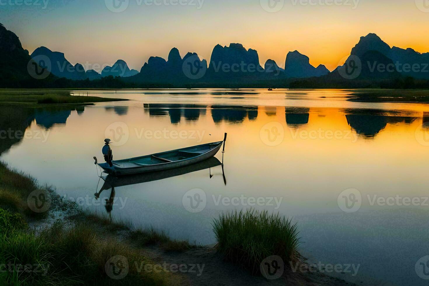 une homme dans une bateau sur le rivière à le coucher du soleil. généré par ai photo