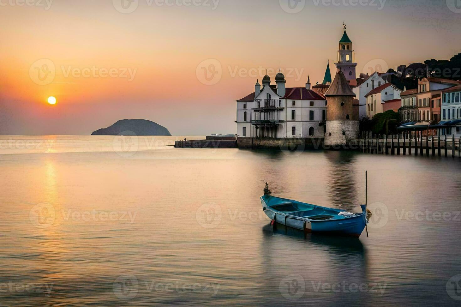 une bateau est assis dans le l'eau à le coucher du soleil. généré par ai photo