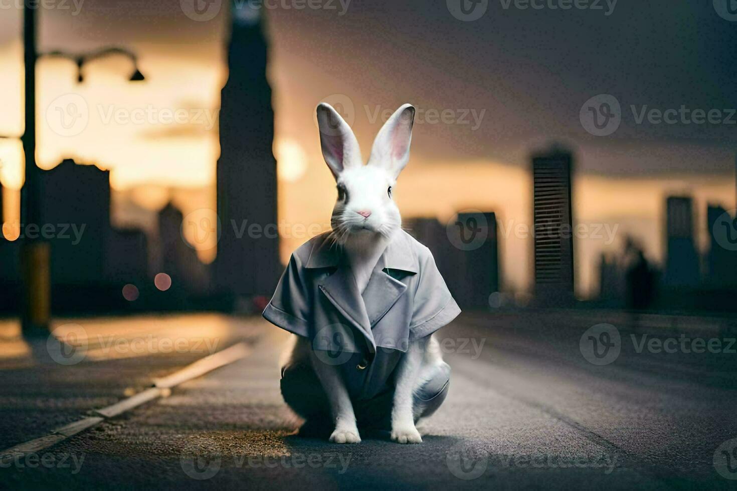 une lapin portant une costume et attacher est assis sur le rue. généré par ai photo