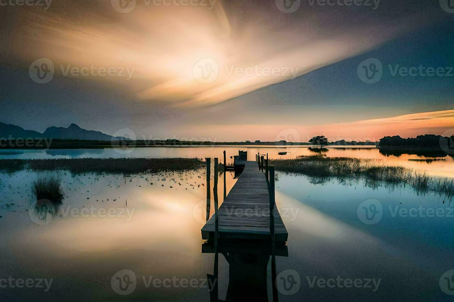 une Dock dans le milieu de une Lac à le coucher du soleil. généré par ai photo