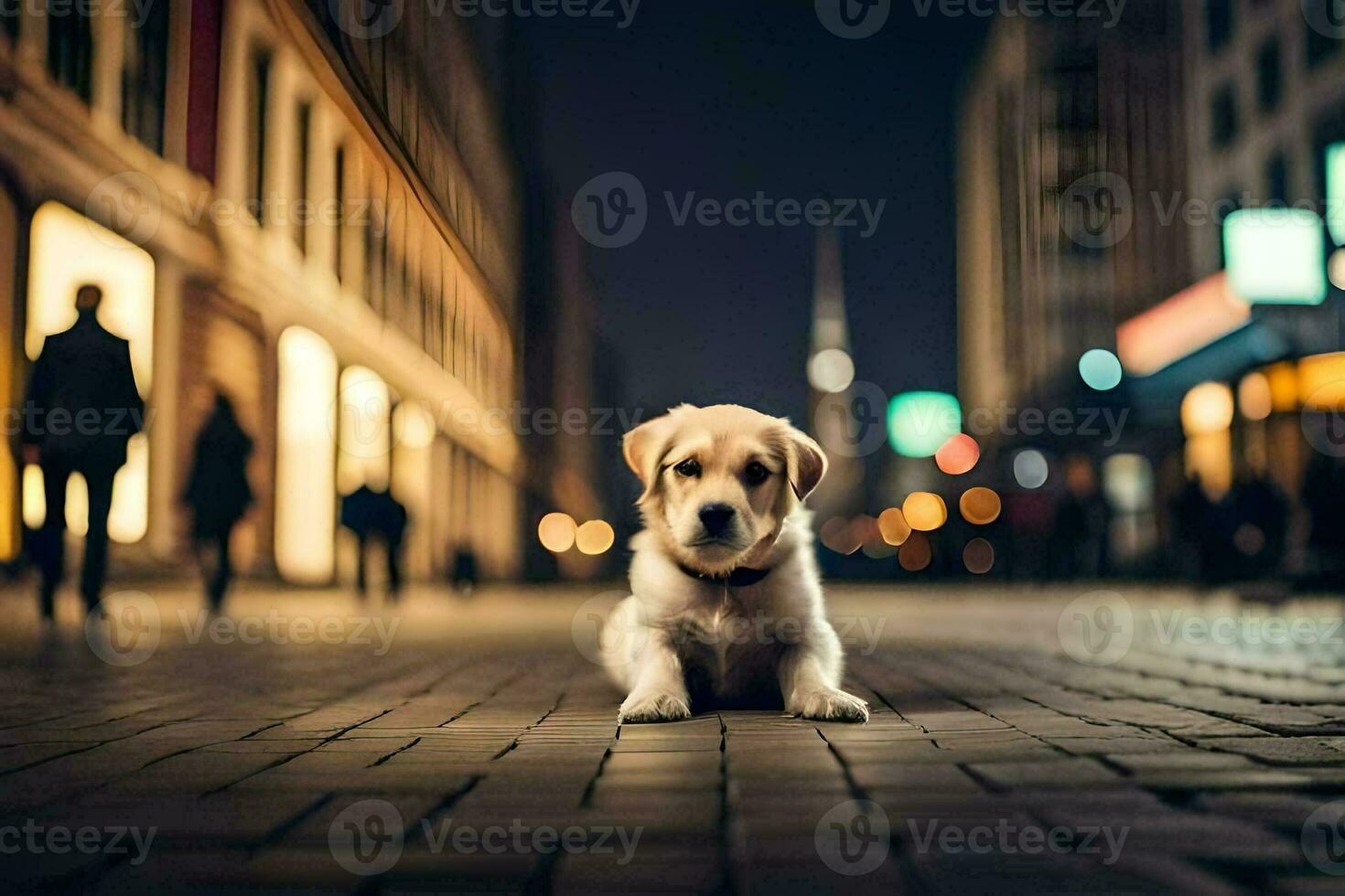 une chiot est assis sur le sol dans une ville à nuit. généré par ai photo