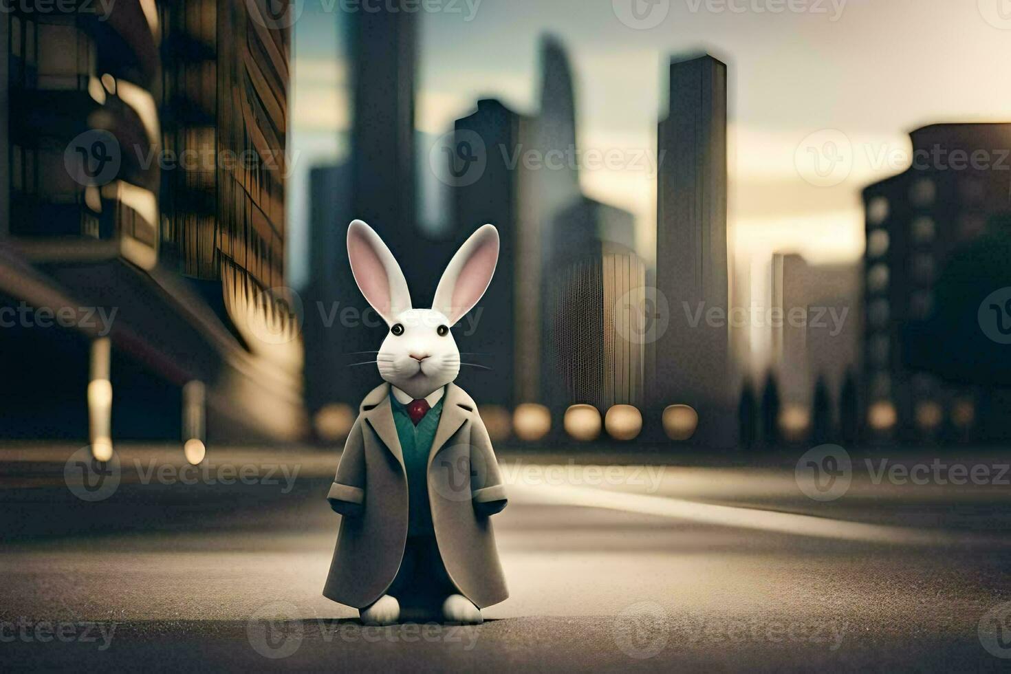 une lapin dans une tranchée manteau permanent dans le milieu de une ville. généré par ai photo