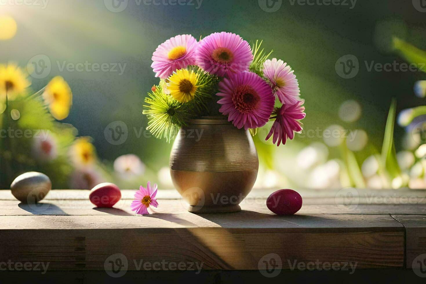 une vase avec fleurs et des œufs sur une tableau. généré par ai photo