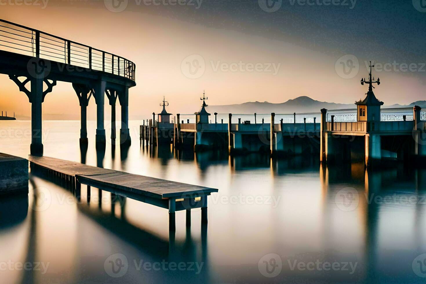 une jetée avec en bois bancs et une jetée à le coucher du soleil. généré par ai photo