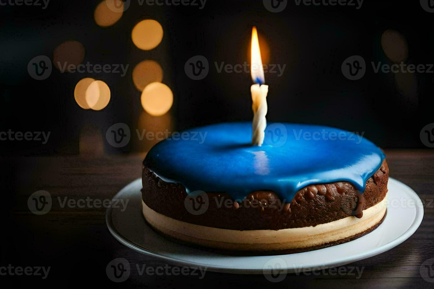 une bleu gâteau avec une Célibataire bougie sur Haut. généré par ai photo