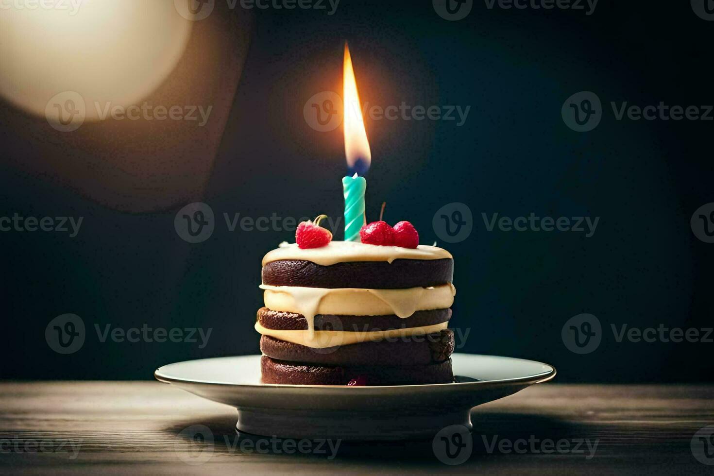 une anniversaire gâteau avec une allumé bougie. généré par ai photo