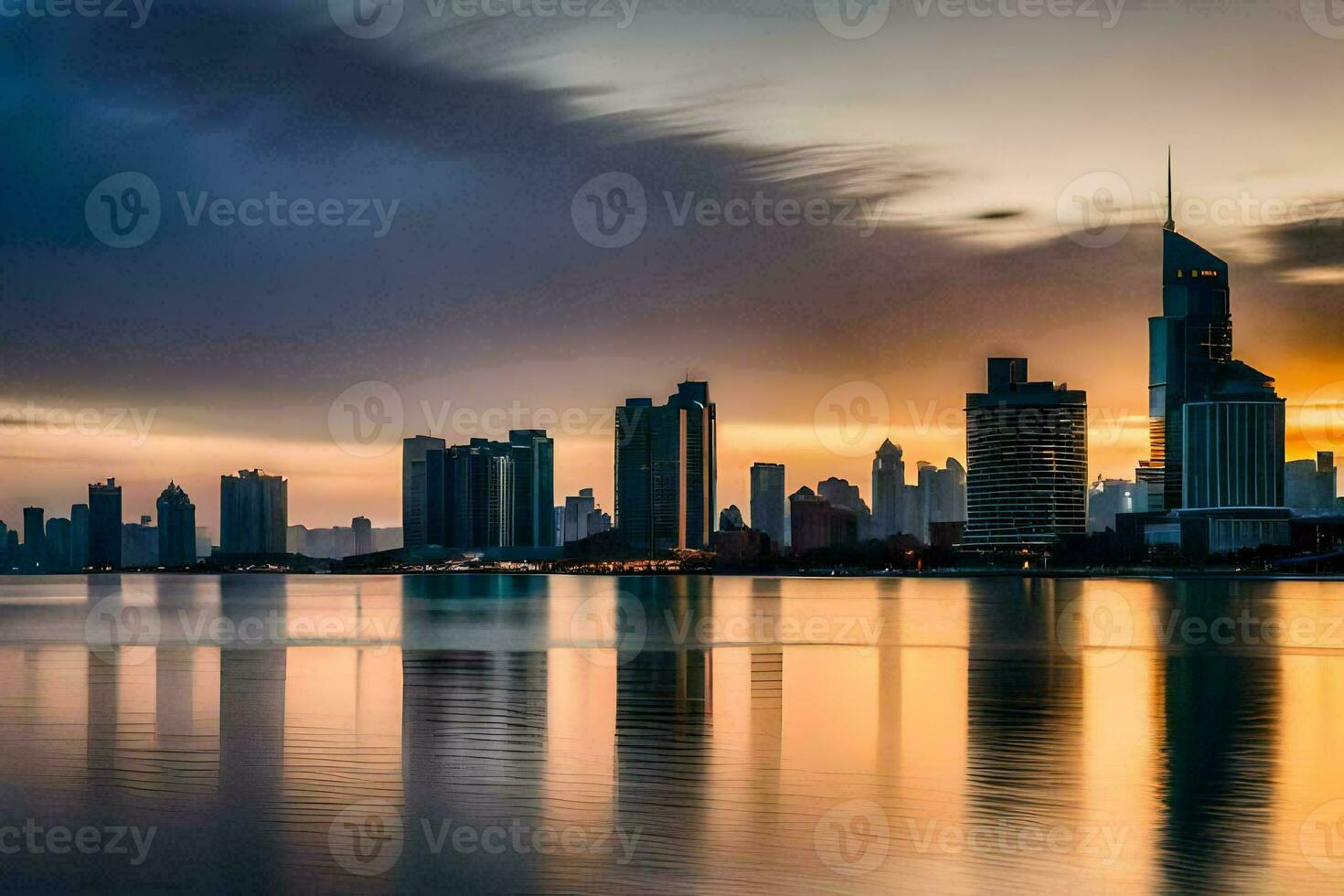 le ville horizon est réfléchi dans le l'eau à le coucher du soleil. généré par ai photo