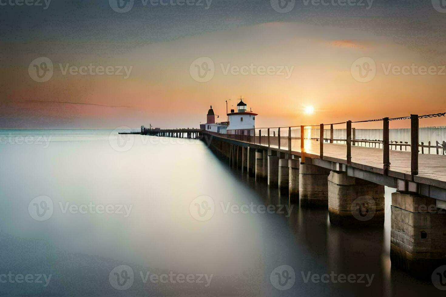 une longue exposition photographier de une phare sur une jetée. généré par ai photo