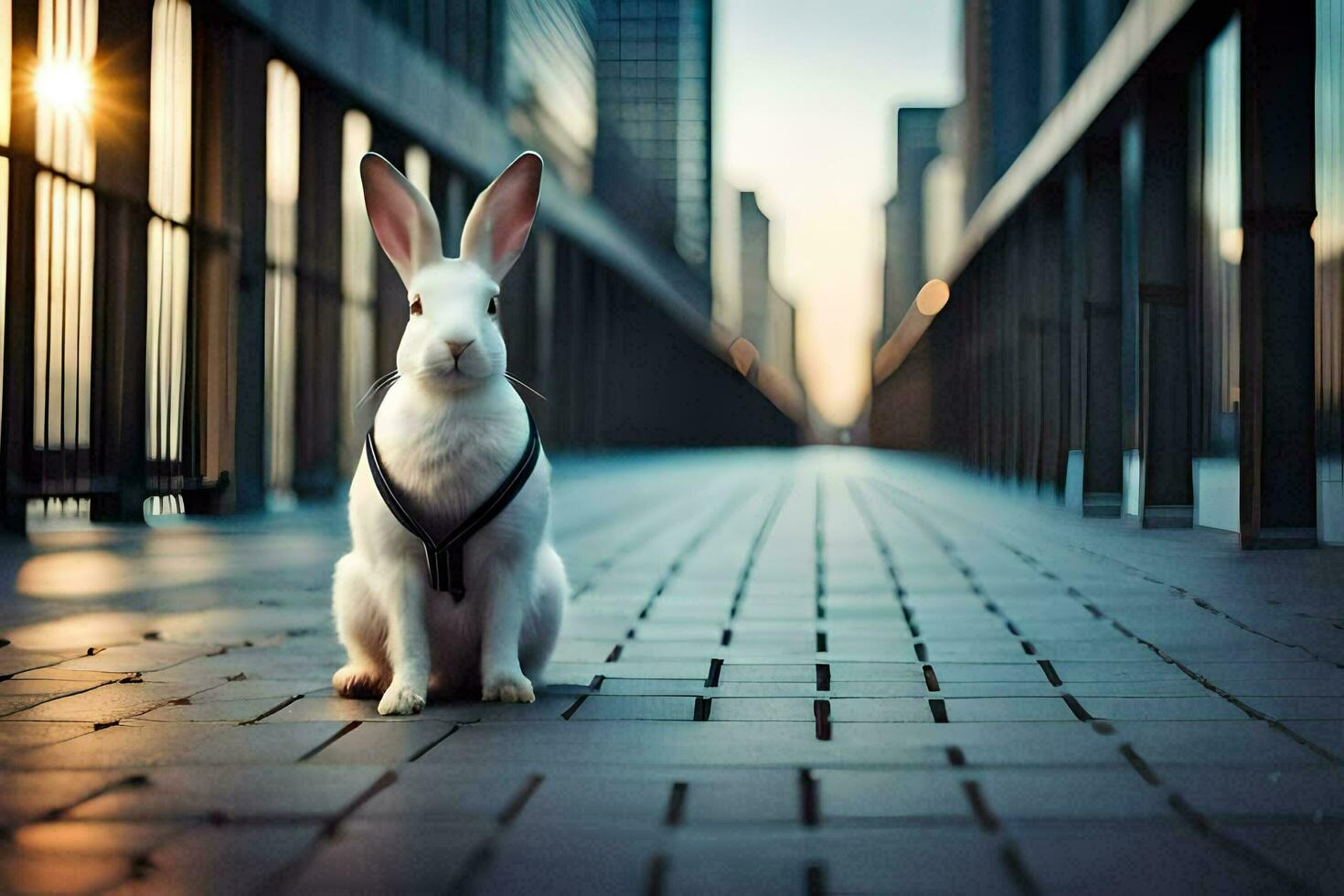 une blanc lapin séance sur une trottoir dans de face de grand bâtiments. généré par ai photo