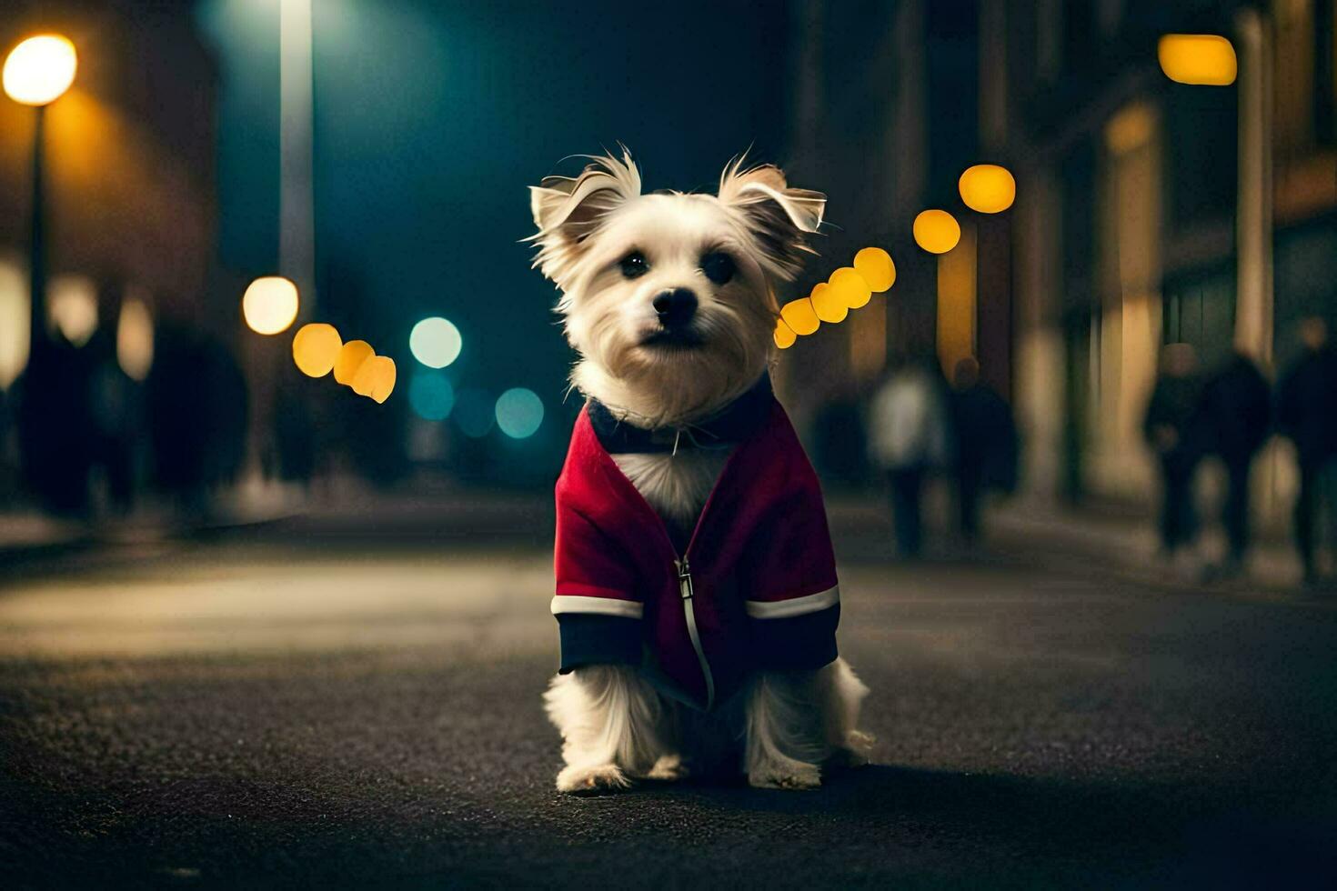 une petit blanc chien portant une rouge veste sur le rue à nuit. généré par ai photo