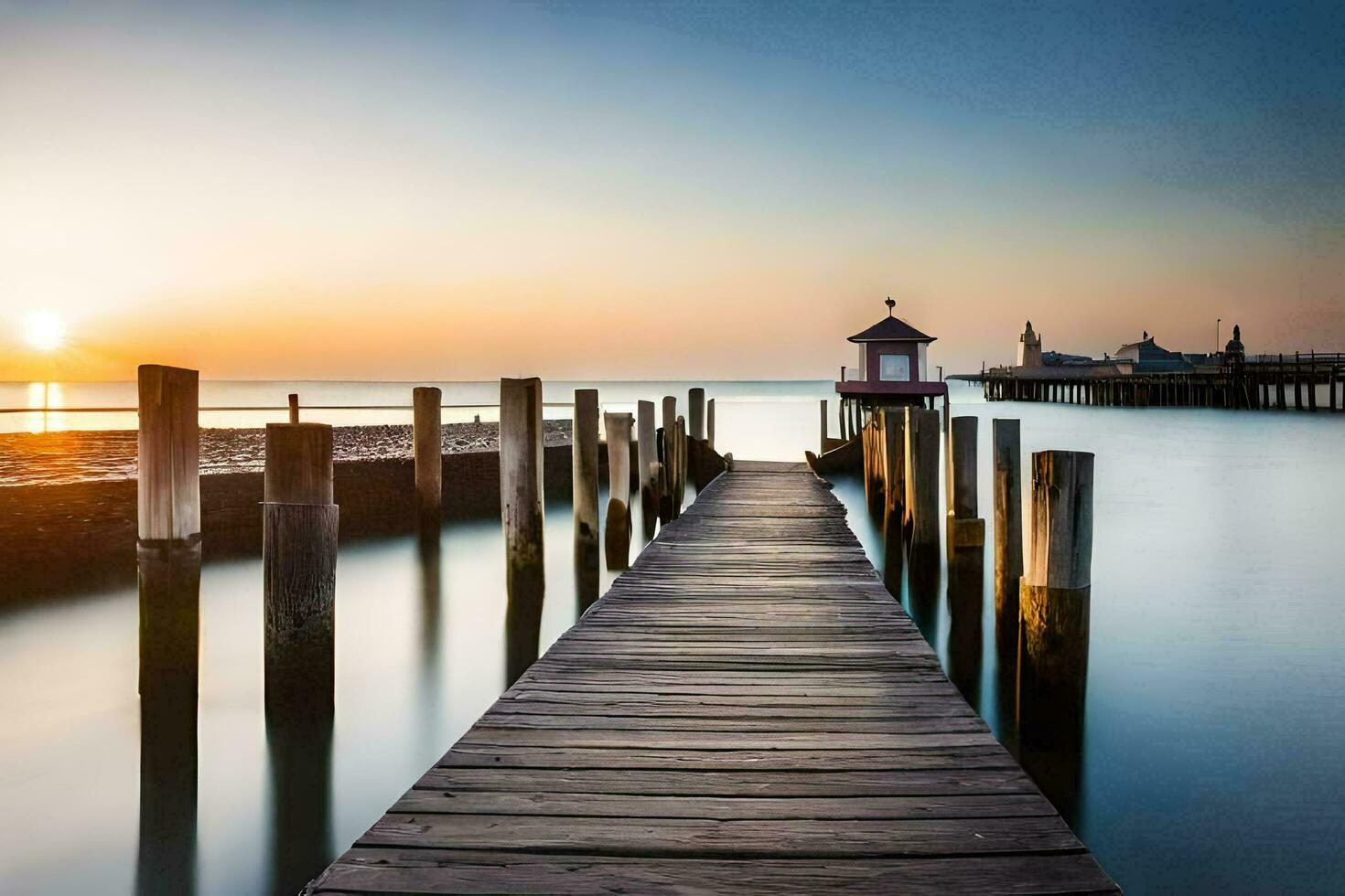 une jetée avec en bois des postes et une phare à le coucher du soleil. généré par ai photo