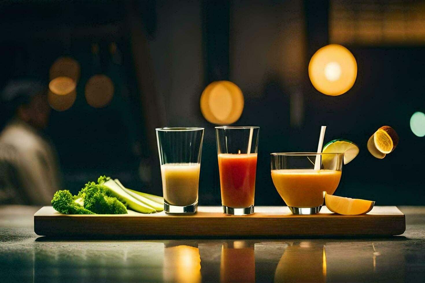 Trois des lunettes de jus et une tranche de Orange sur une en bois plateau. généré par ai photo