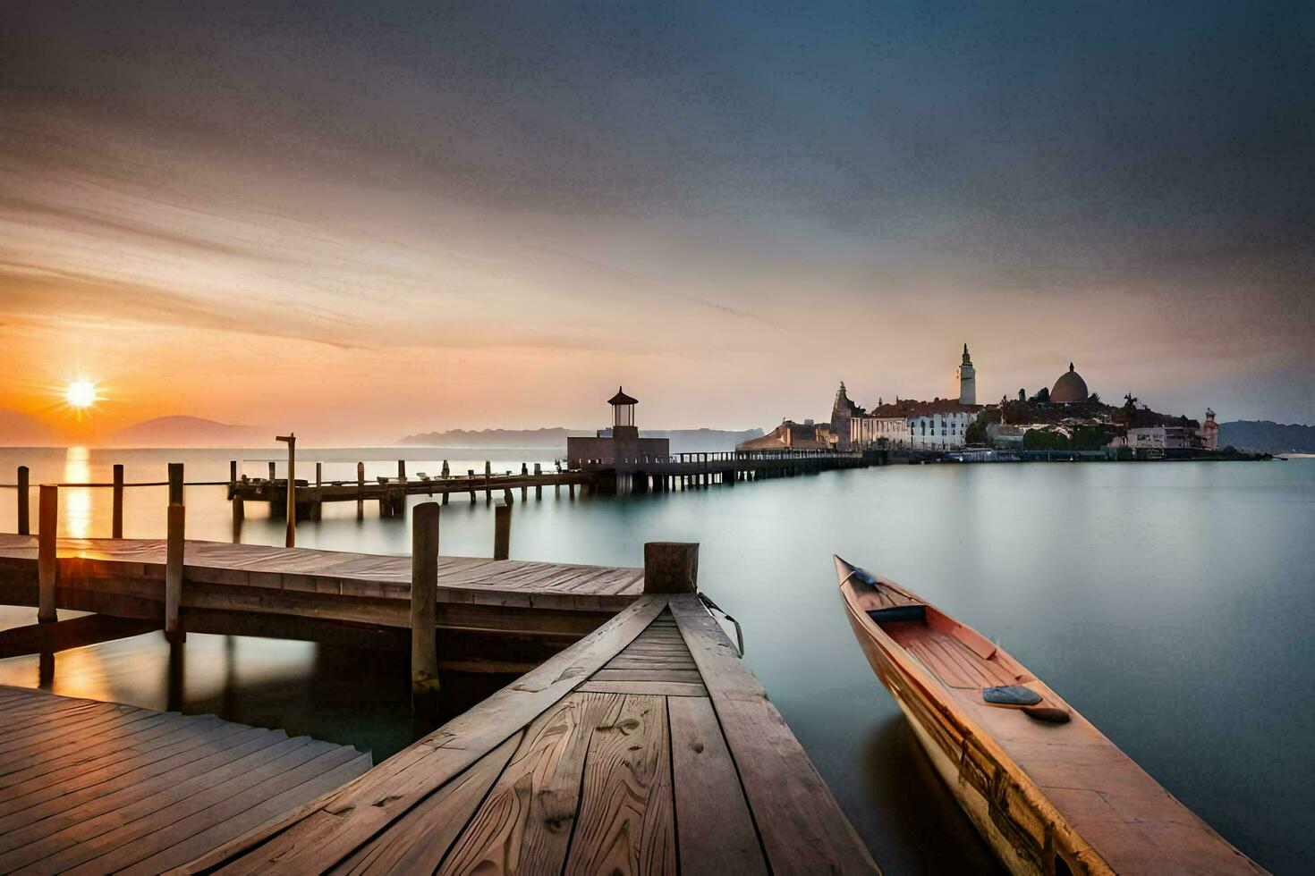 le Soleil monte plus de le lac. généré par ai photo