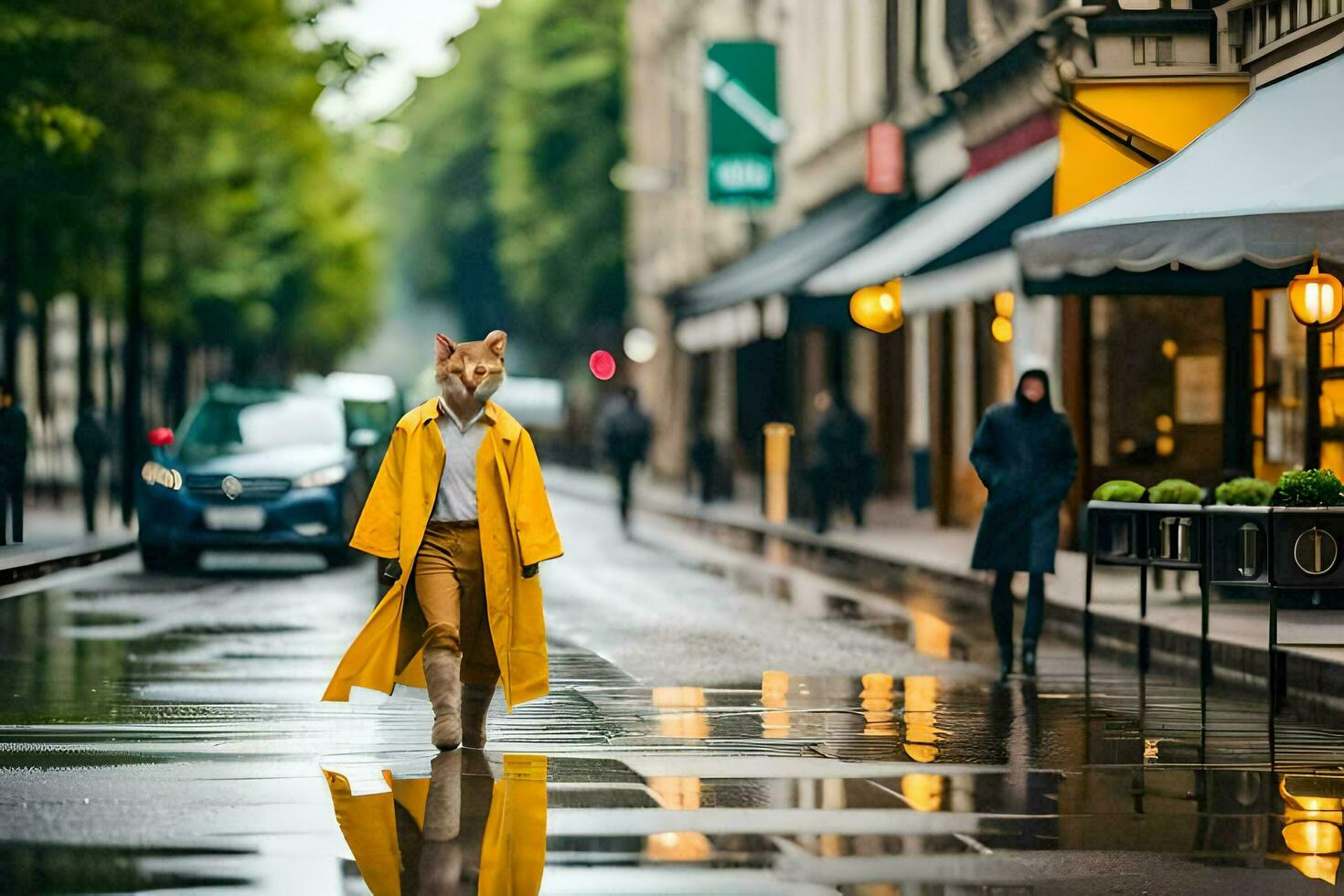 une femme dans une Jaune imperméable en marchant vers le bas une rue. généré par ai photo