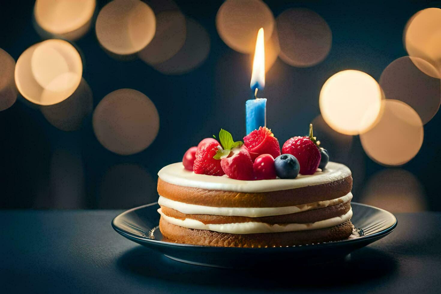 une anniversaire gâteau avec baies et une allumé bougie. généré par ai photo