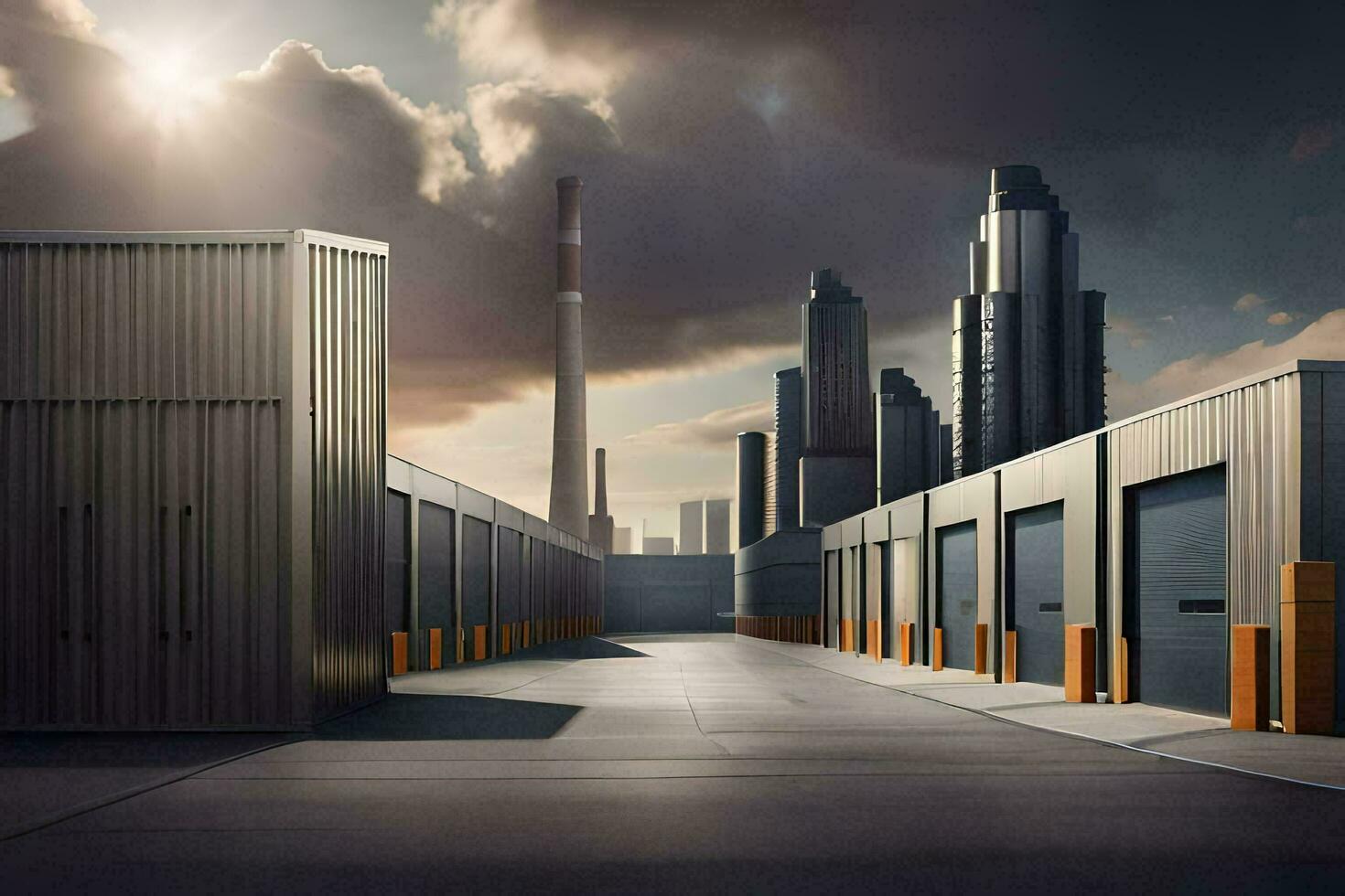 une longue vide entrepôt avec une ville horizon dans le Contexte. généré par ai photo