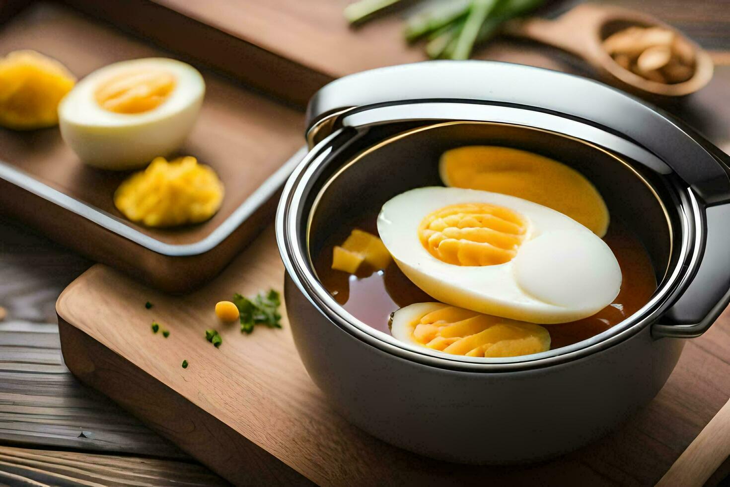 bouilli des œufs dans une pot sur une en bois tableau. généré par ai photo