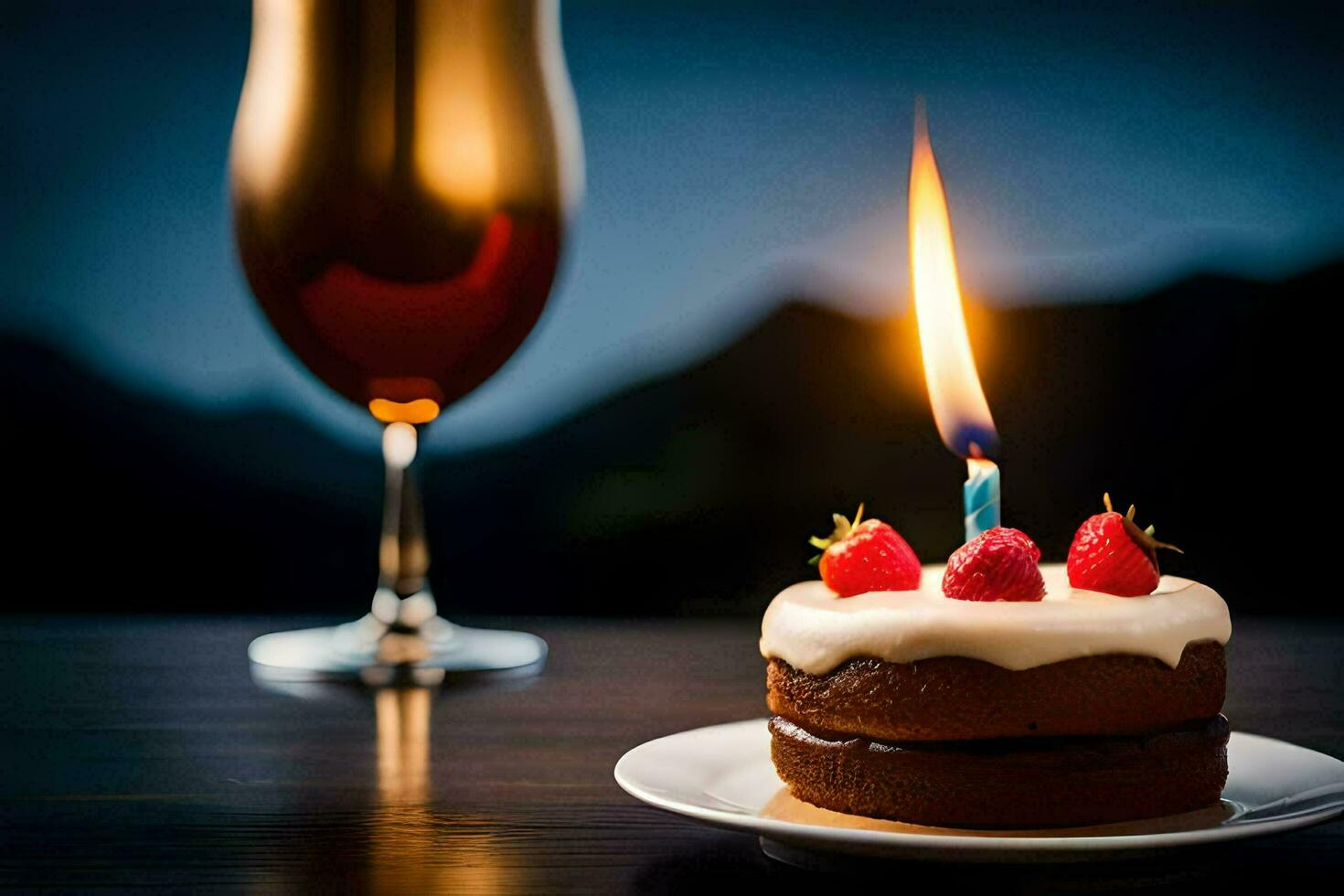 une anniversaire gâteau avec bougies et une verre de bière. généré par ai photo