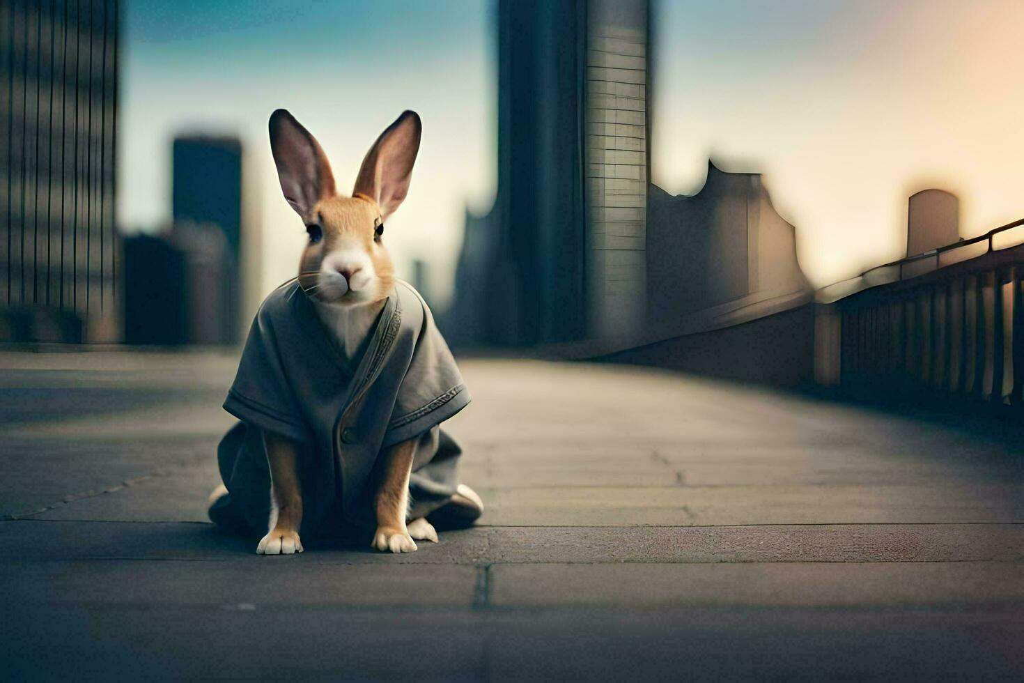 une lapin dans une peignoir séance sur le sol. généré par ai photo