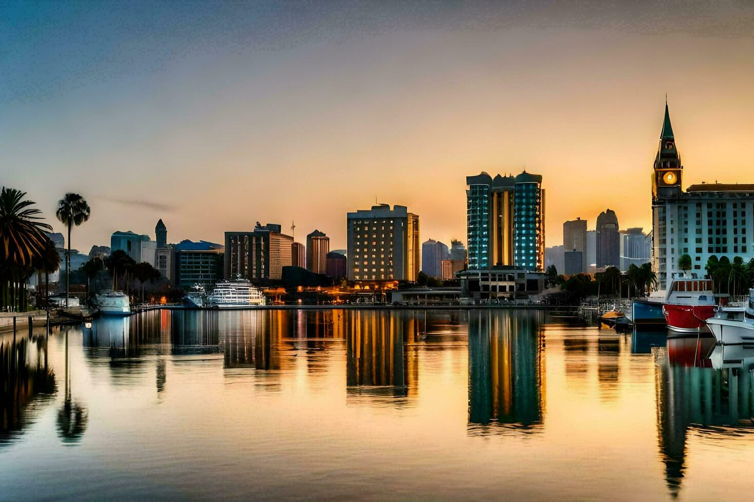 une ville horizon à le coucher du soleil avec bateaux dans le l'eau. généré par ai photo