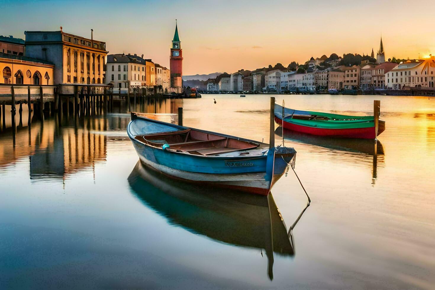 bateaux amarré dans le l'eau à le coucher du soleil dans une ville. généré par ai photo