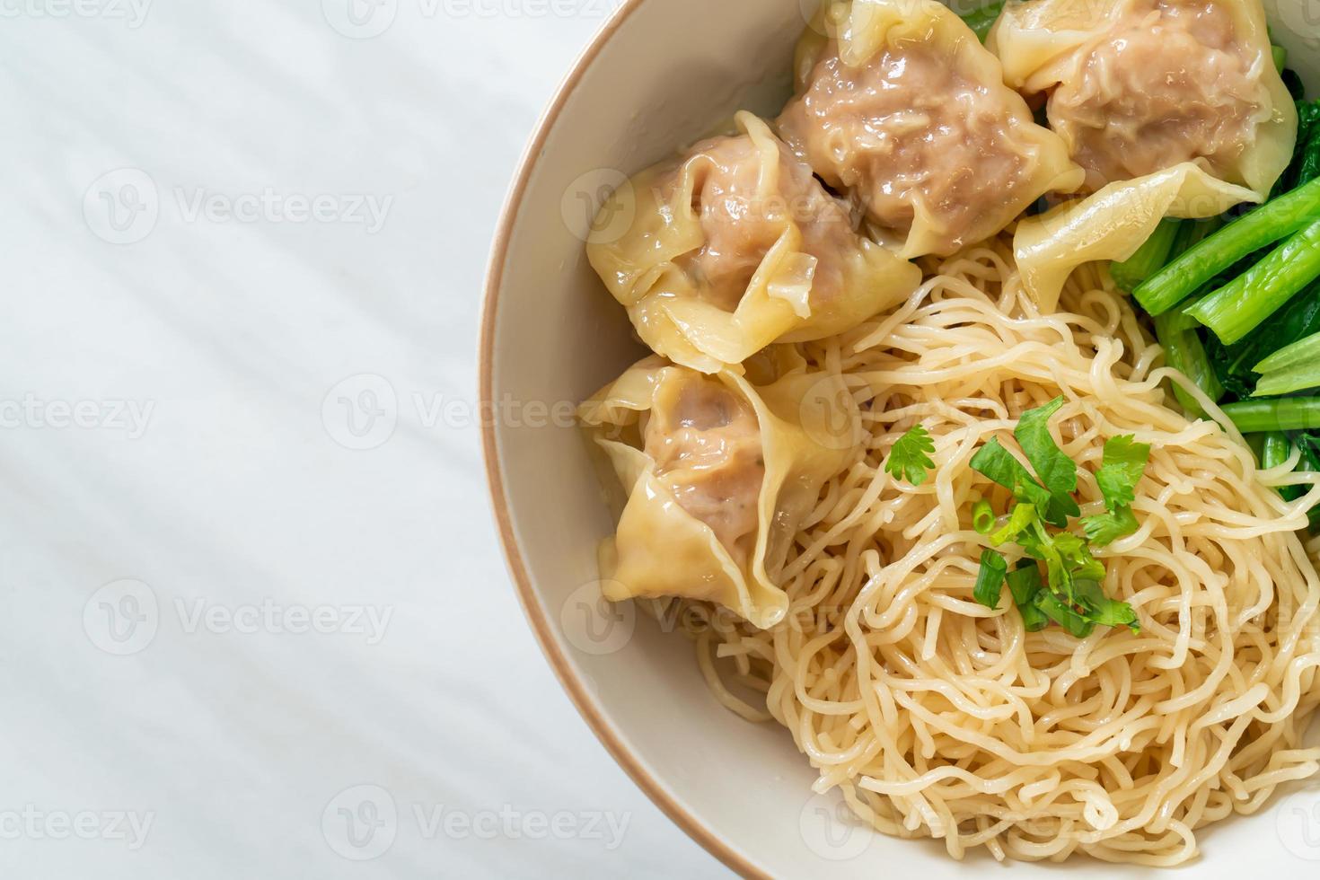 nouilles aux œufs séchées avec wonton de porc ou boulettes de porc sans soupe style cuisine asiatique photo