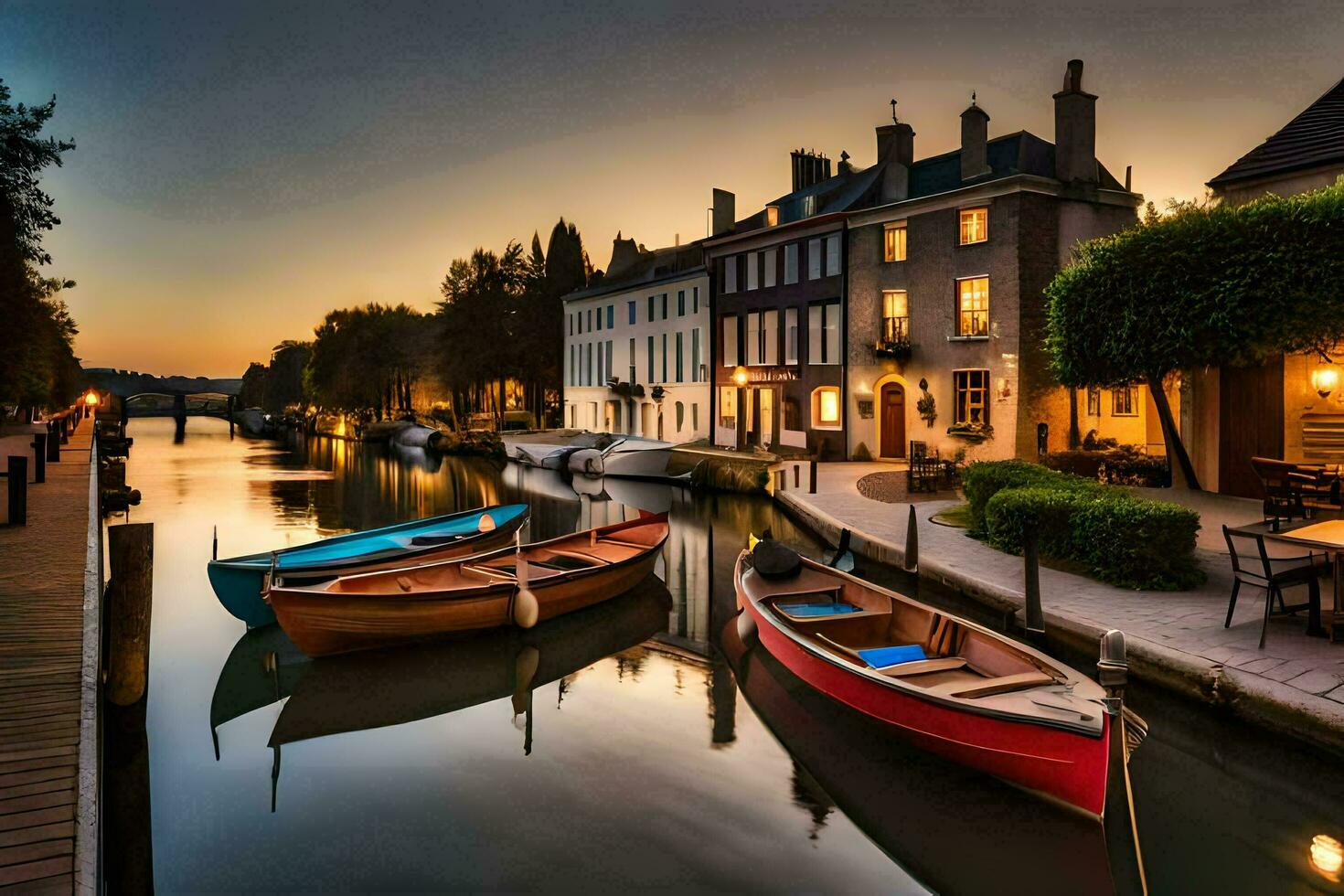 bateaux sont amarré dans une canal à le coucher du soleil. généré par ai photo