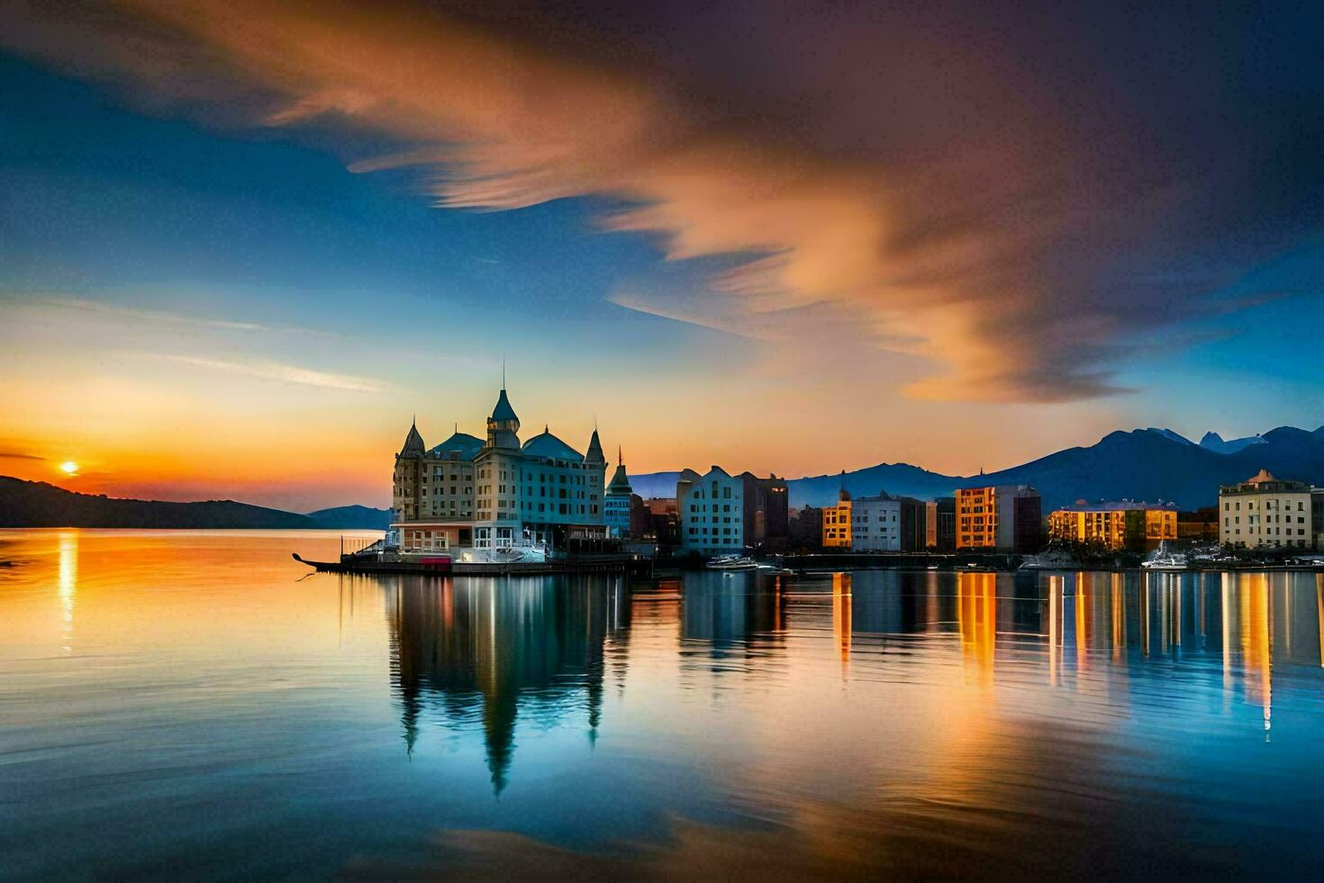 le Soleil ensembles plus de une Lac et bâtiments dans le Contexte. généré par ai photo