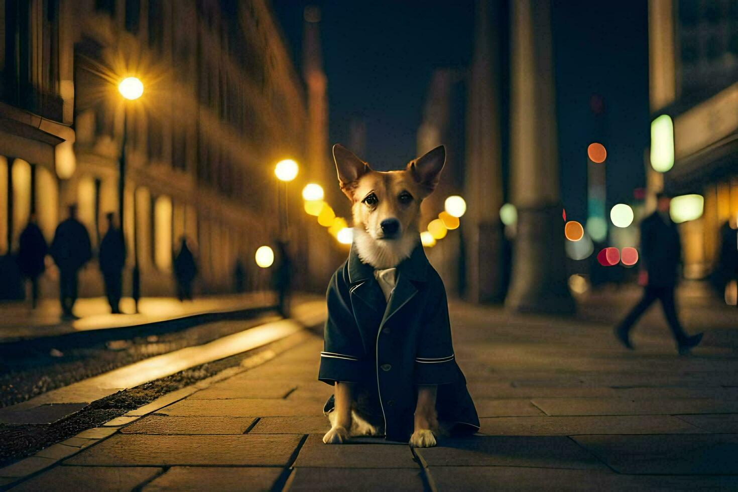 une chien dans une costume séance sur le trottoir à nuit. généré par ai photo
