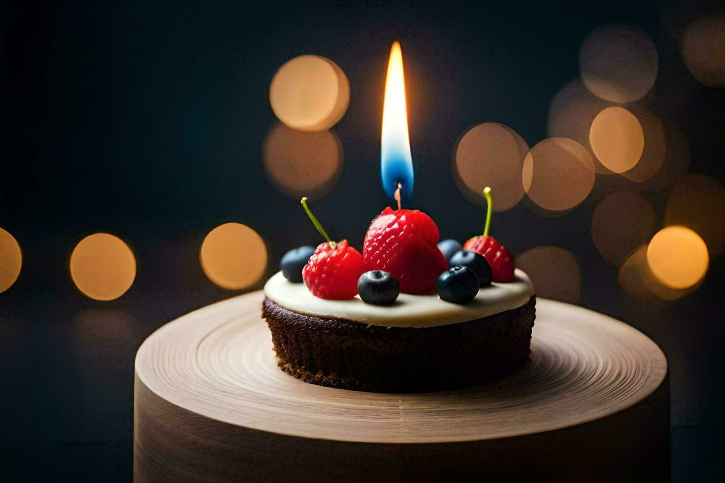 une anniversaire gâteau avec une bougie sur Haut. généré par ai photo